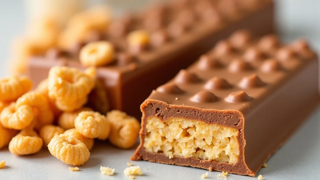 The image shows a pile of chocolate candy bars with caramel and crisp rice center.