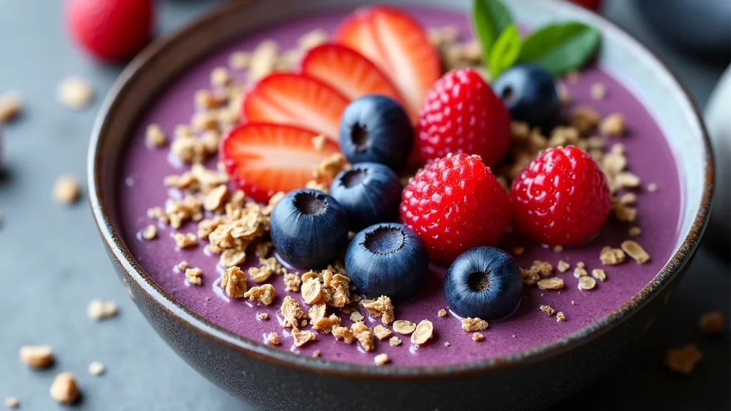 The image shows a bowl of vibrant acai berries, suggesting a simple look at their health benefits.
