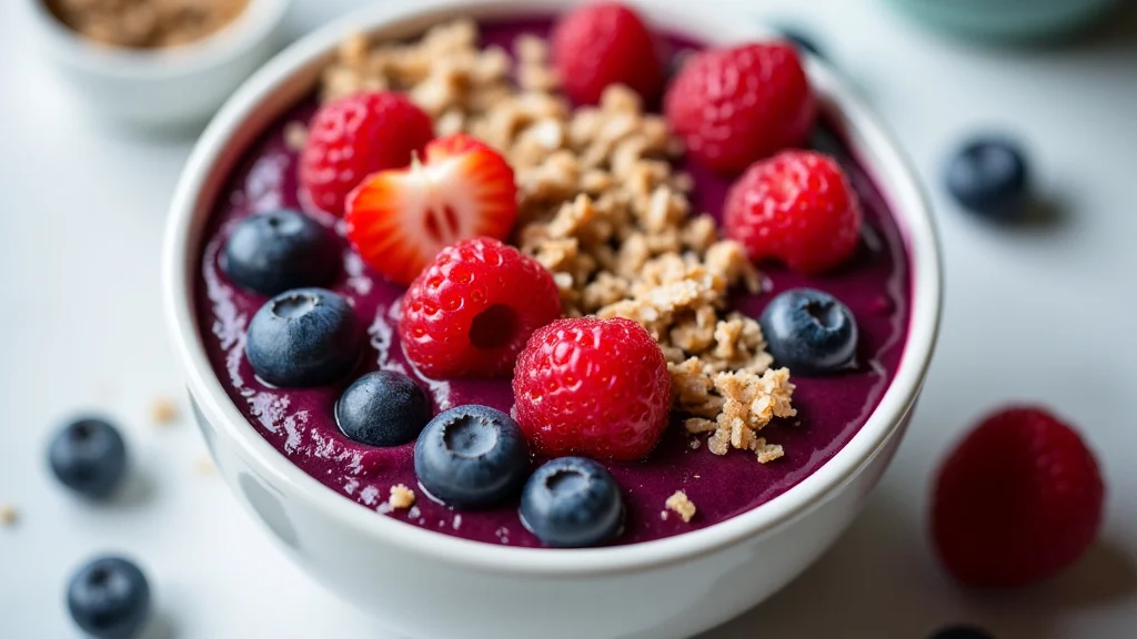 The image shows a colorful acai bowl, illustrating a healthy and potentially weight-loss-friendly breakfast option.
