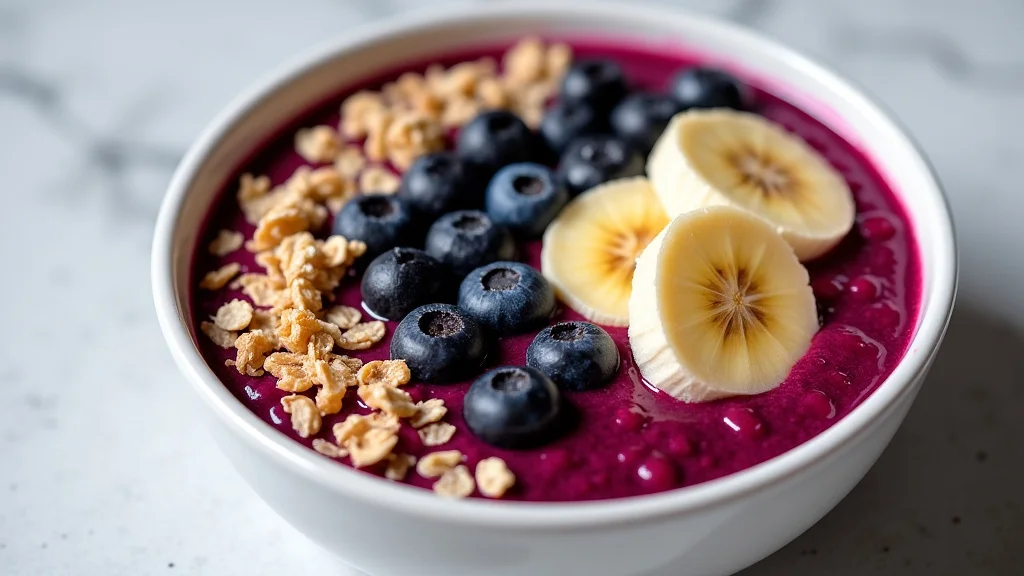 The image shows a vibrant acai bowl topped with fruit, questioning if acai bowls are high in sugar.