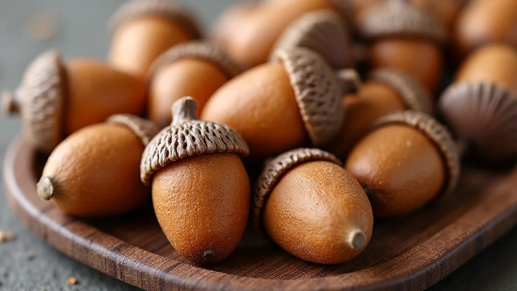 The image shows acorns on a table, illustrating whether acorns are a nut for a simple look.